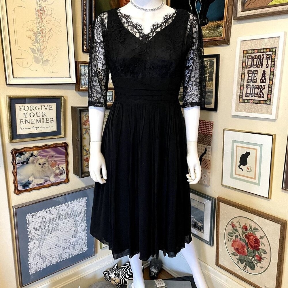 60s Vintage Black Lace Half Sleeve Midi Fit and Flare Cocktail Dress Size S